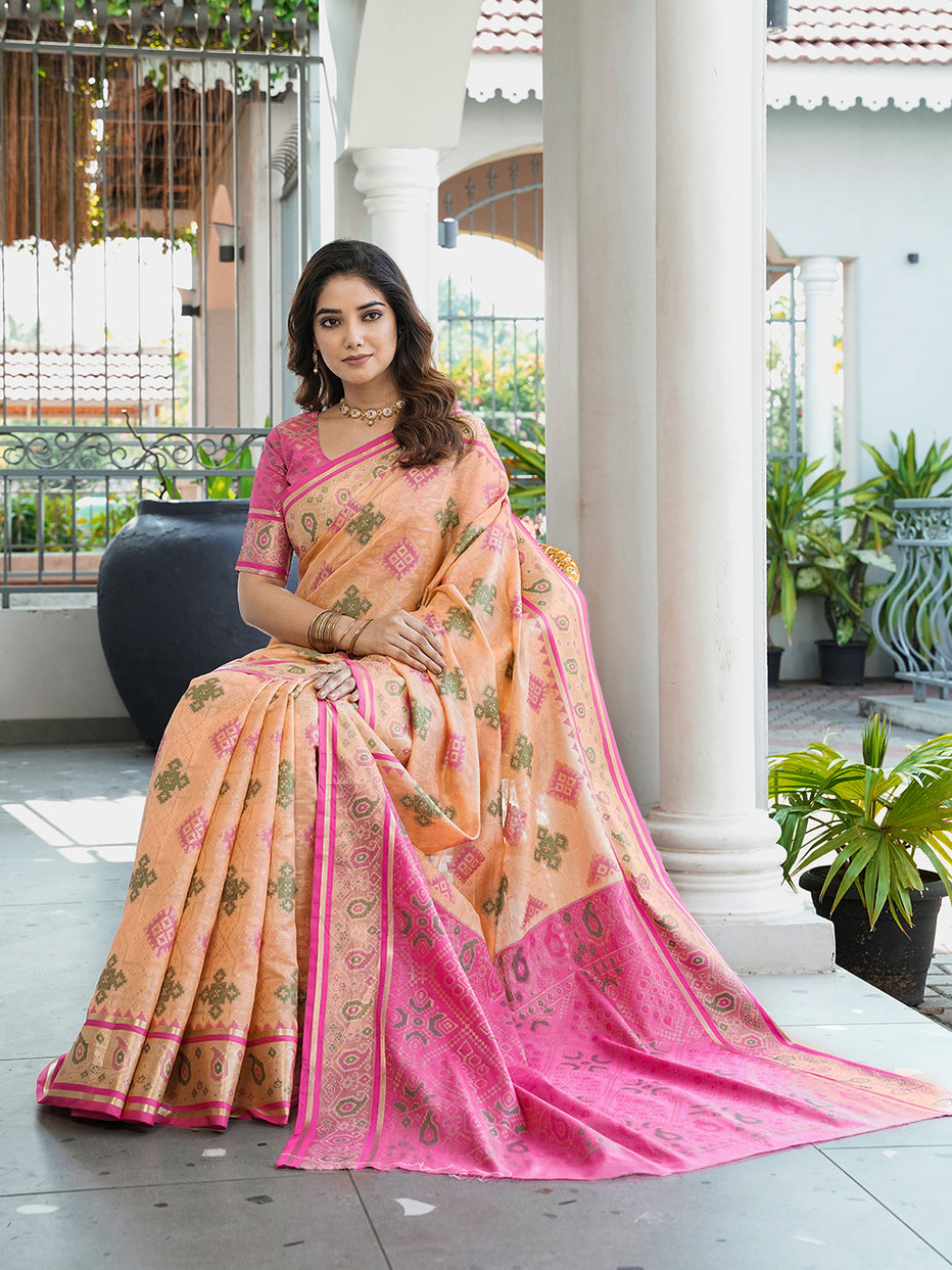 Peach Organza Zari Woven Patola Organza Saree