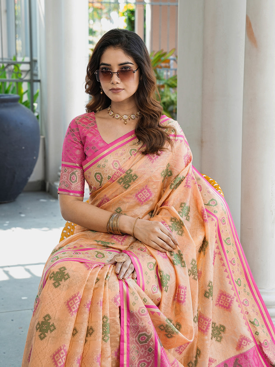 Peach Organza Zari Woven Patola Organza Saree