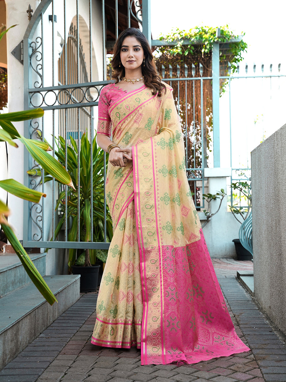 Cream Organza Zari Woven Patola Organza Saree Organza Saree Anant Tex Exports Pvt.Ltd..