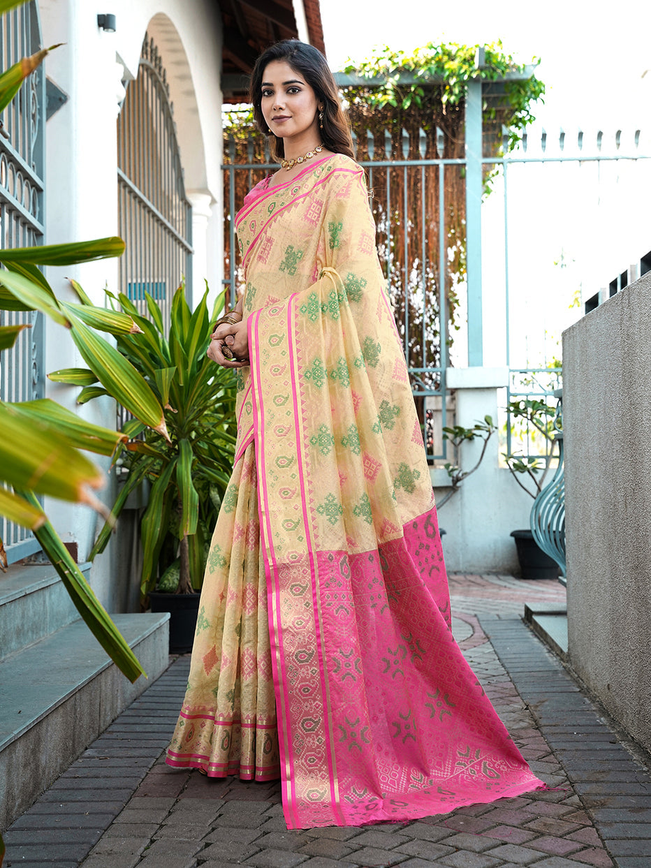 Cream Organza Zari Woven Patola Organza Saree