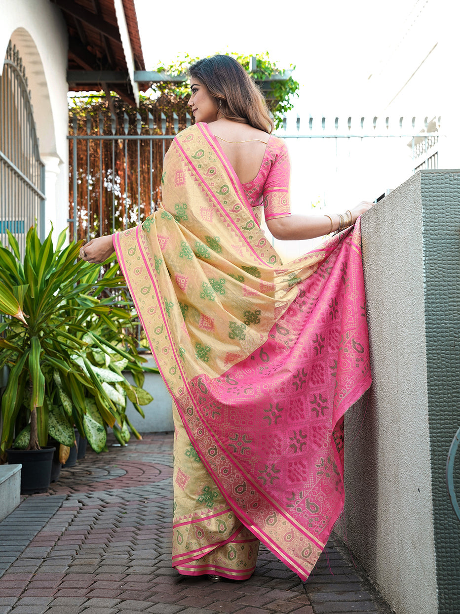 Cream Organza Zari Woven Patola Organza Saree