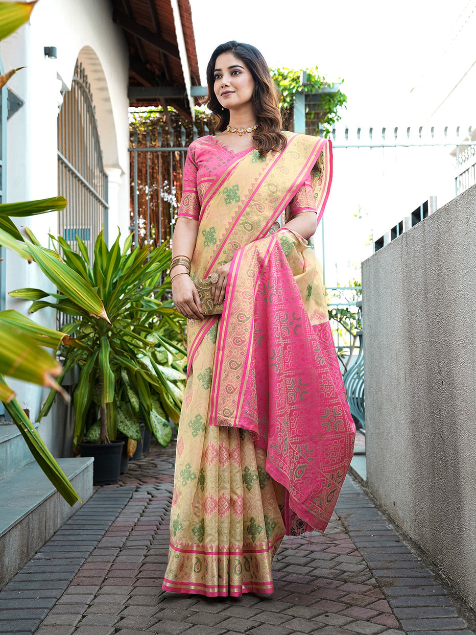Cream Organza Zari Woven Patola Organza Saree