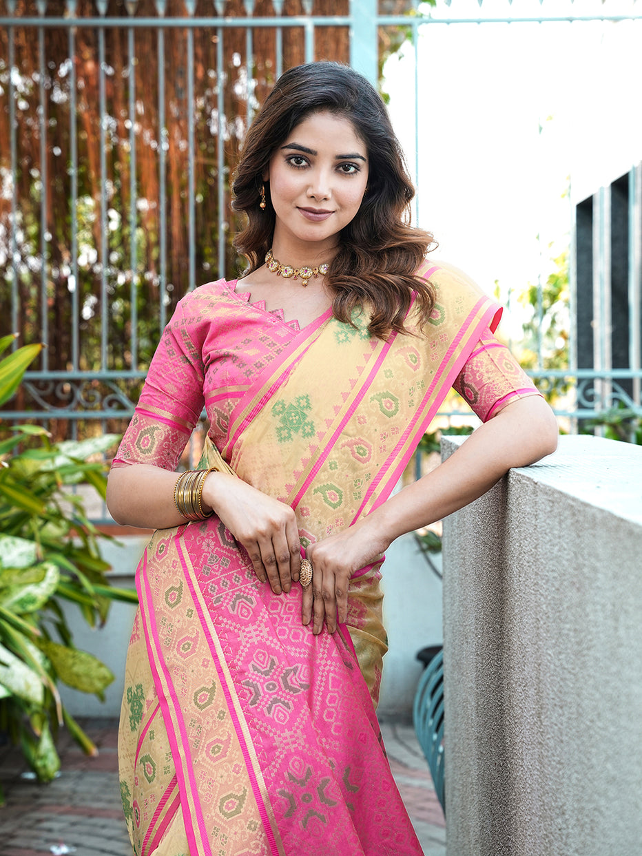 Cream Organza Zari Woven Patola Organza Saree Organza Saree Anant Tex Exports Pvt.Ltd..