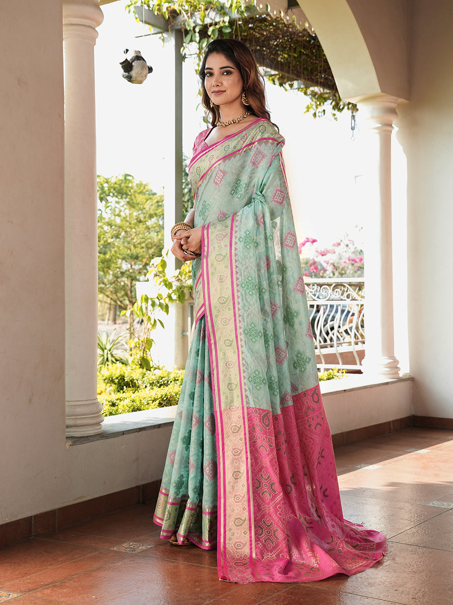 Sky Blue Organza Zari Woven Patola Organza Saree