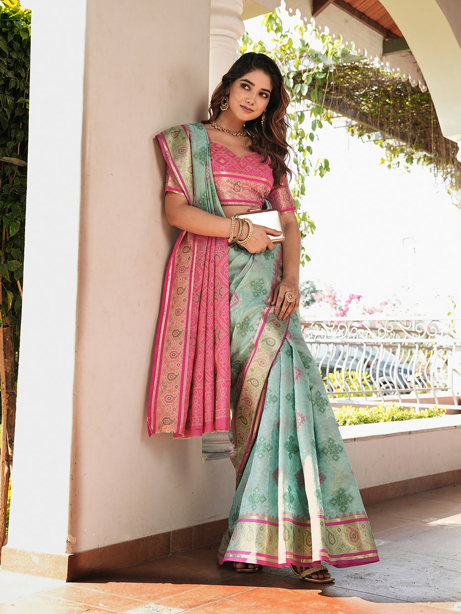 Sky Blue Organza Zari Woven Patola Organza Saree