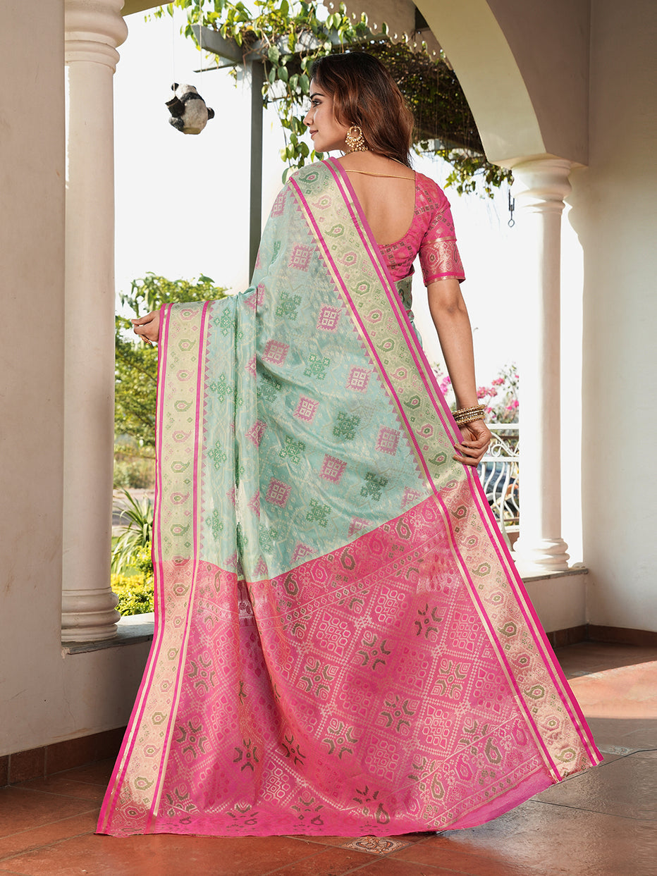 Sky Blue Organza Zari Woven Patola Organza Saree