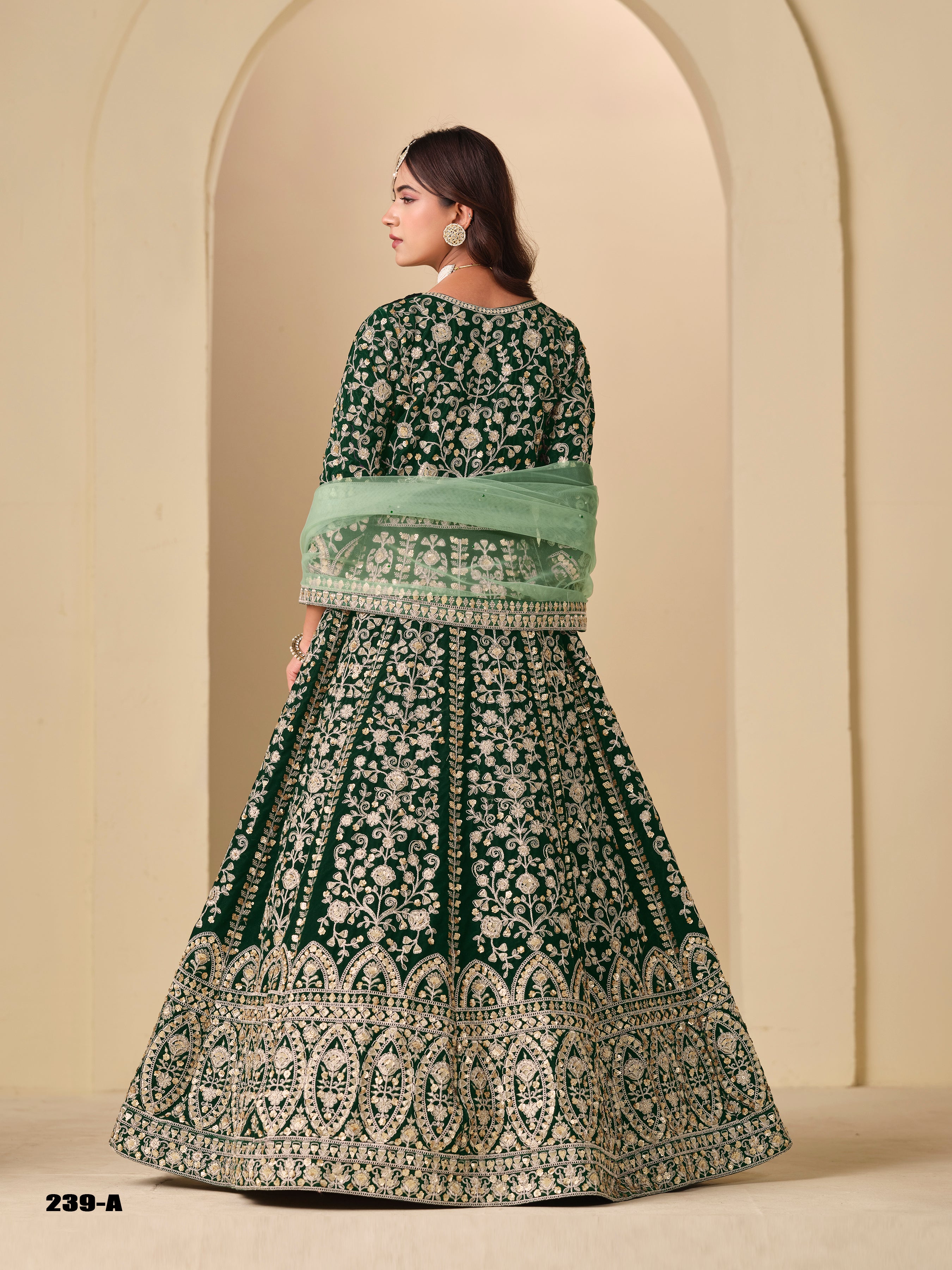 Green Pure Soft 9000 Velvet Heavy Embroidery Work Long Anarkali Gown 