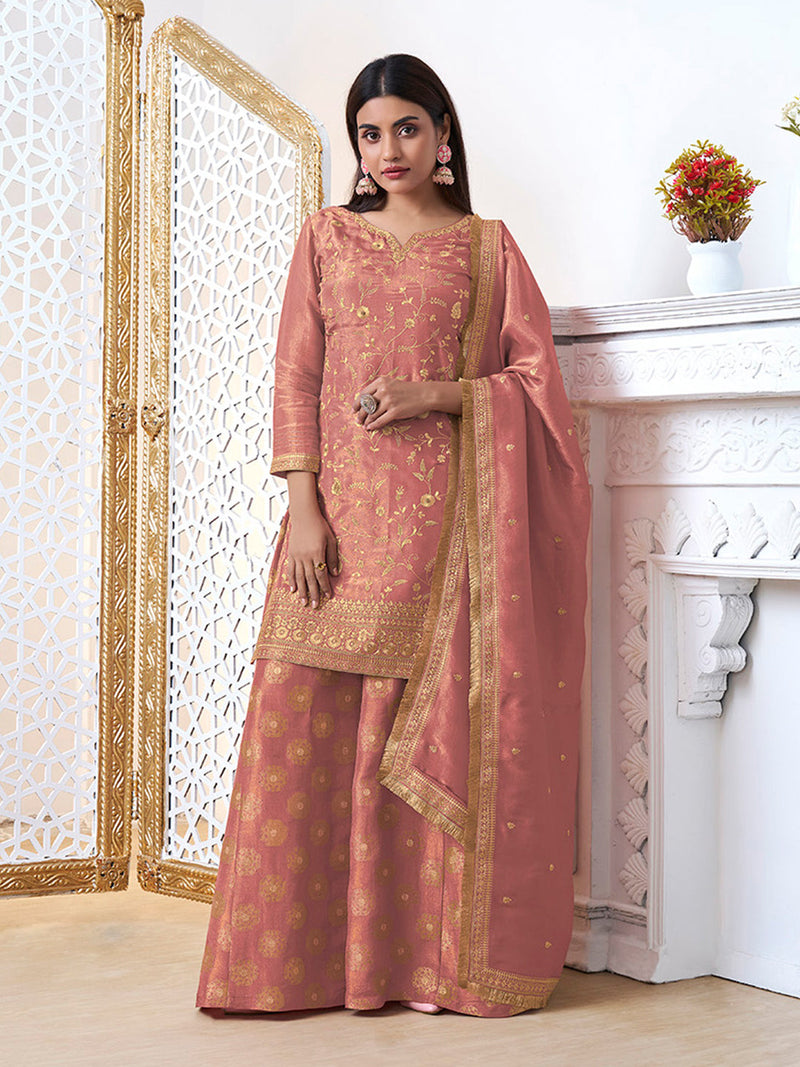 Dusty rose tissue sharara suit with gold pitta work