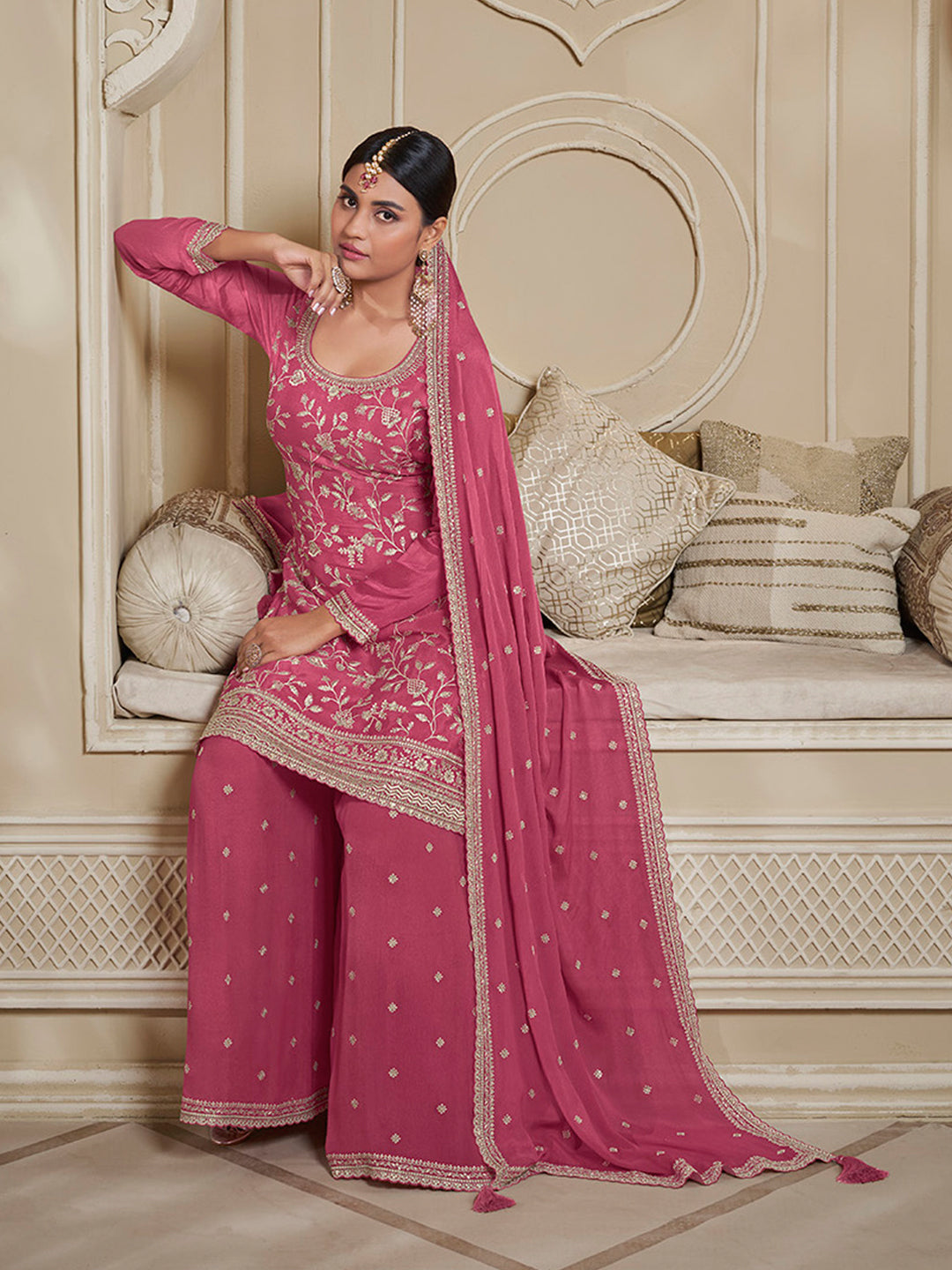 Pink Chinon Embroidered Kurta Sharara Set for Women