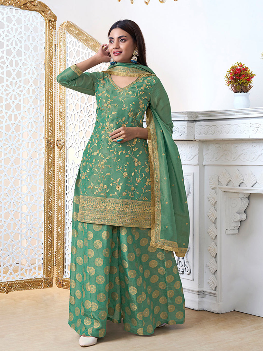 Mehendi green viscose tissue sharara suit with pitta embroidery