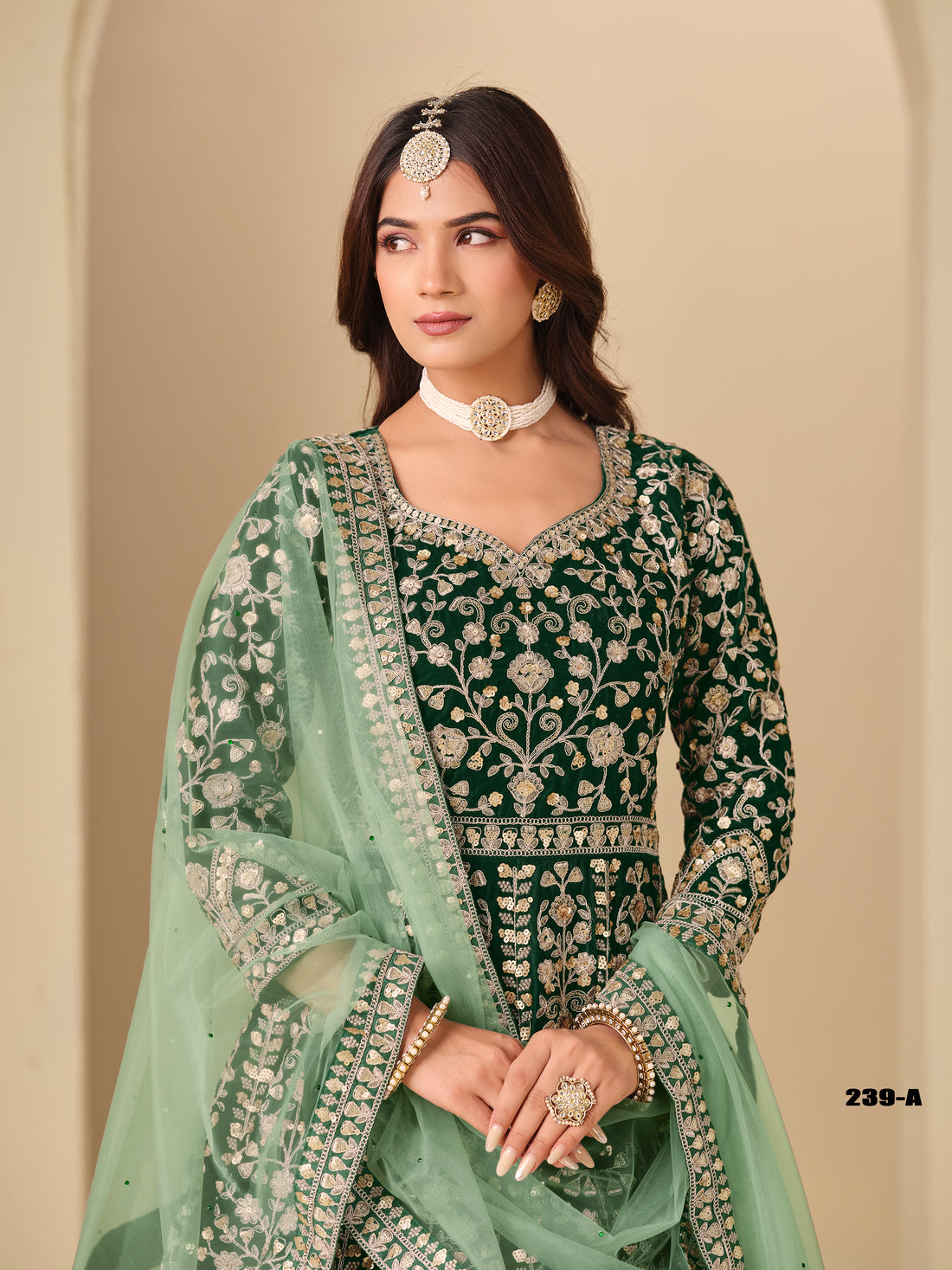 Green Pure Soft 9000 Velvet Heavy Embroidery Work Long Anarkali Gown 