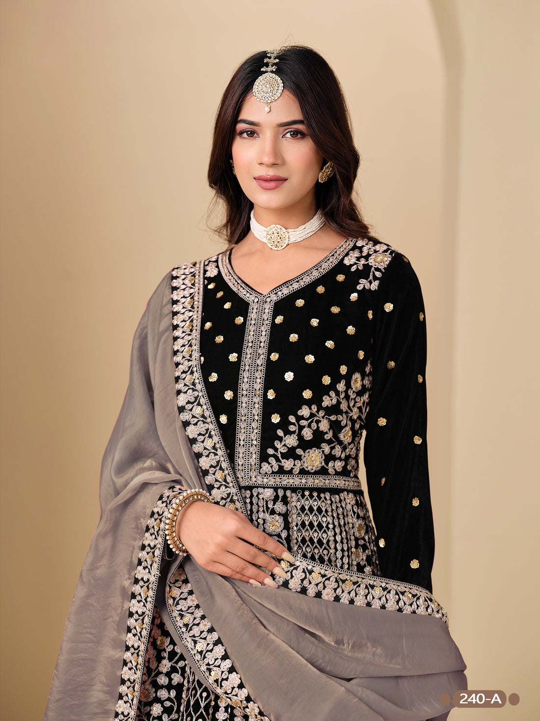 Black Pure Soft 9000 Velvet Heavy Embroidery Work Long Anarkali Gown 