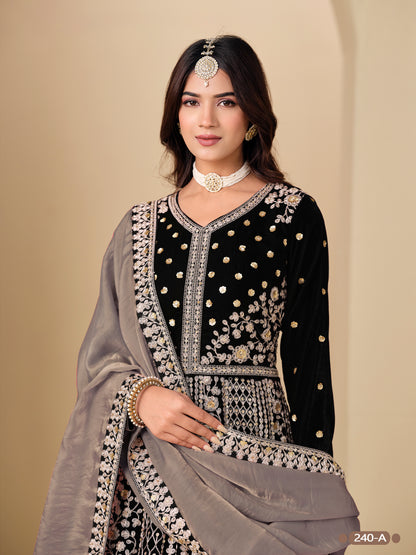 Black Pure Soft 9000 Velvet Heavy Embroidery Work Long Anarkali Gown 