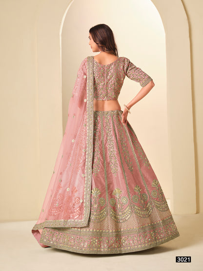 Pink Pure Soft Art Silk Heavy Embroidery Work Bridal Lehenga 