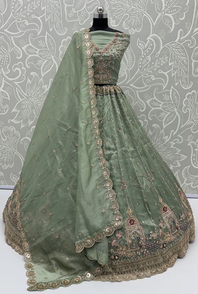 Pista Pure Chandnia Silk Handwork Motif Peacock Pattern Crystal Beads Multi Thread Dori &amp; Sequins Work Bridal Lehenga Choli