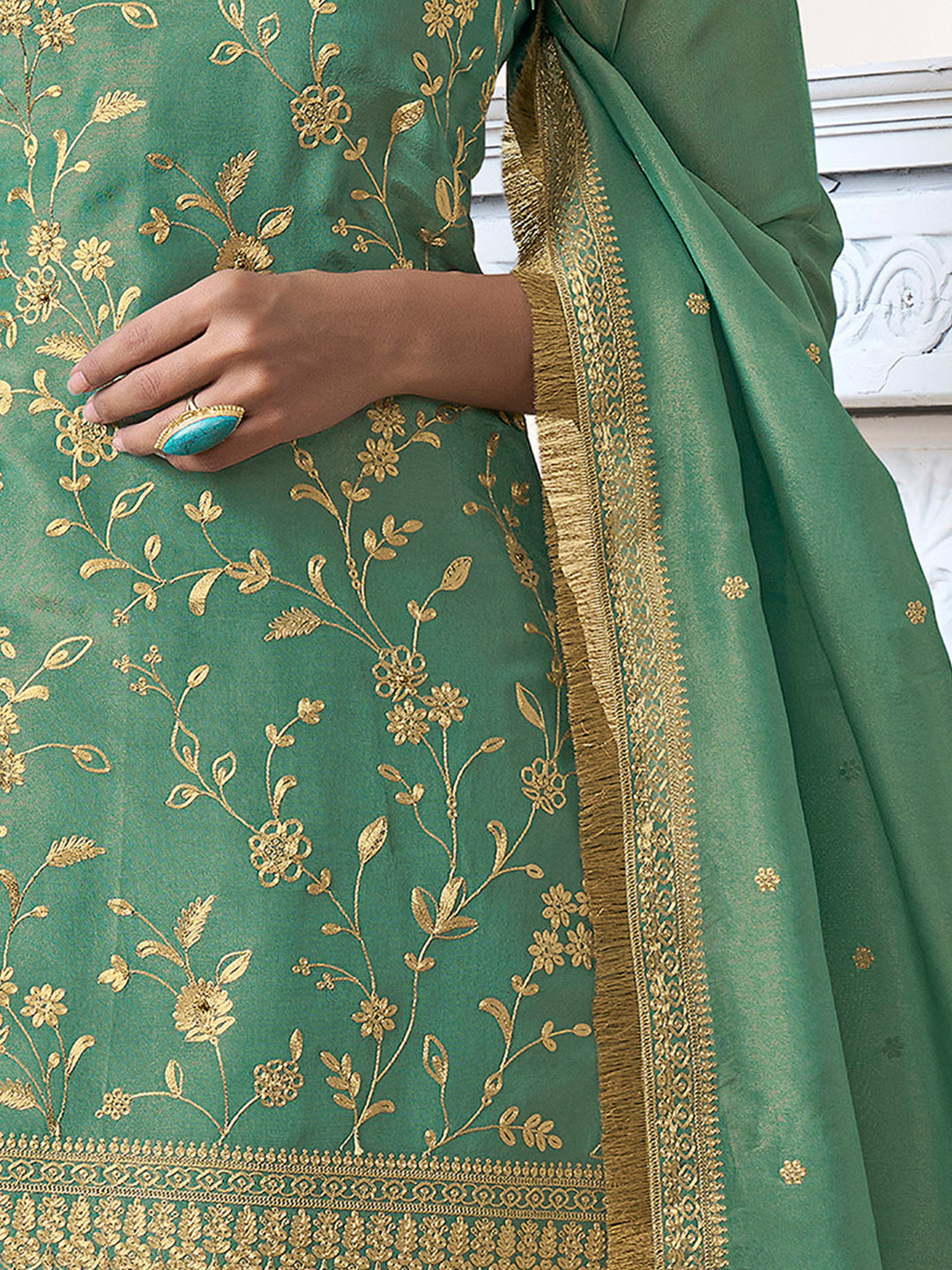Mehendi Green Viscose Tissue Sharara Suit with Pitta Embroidery