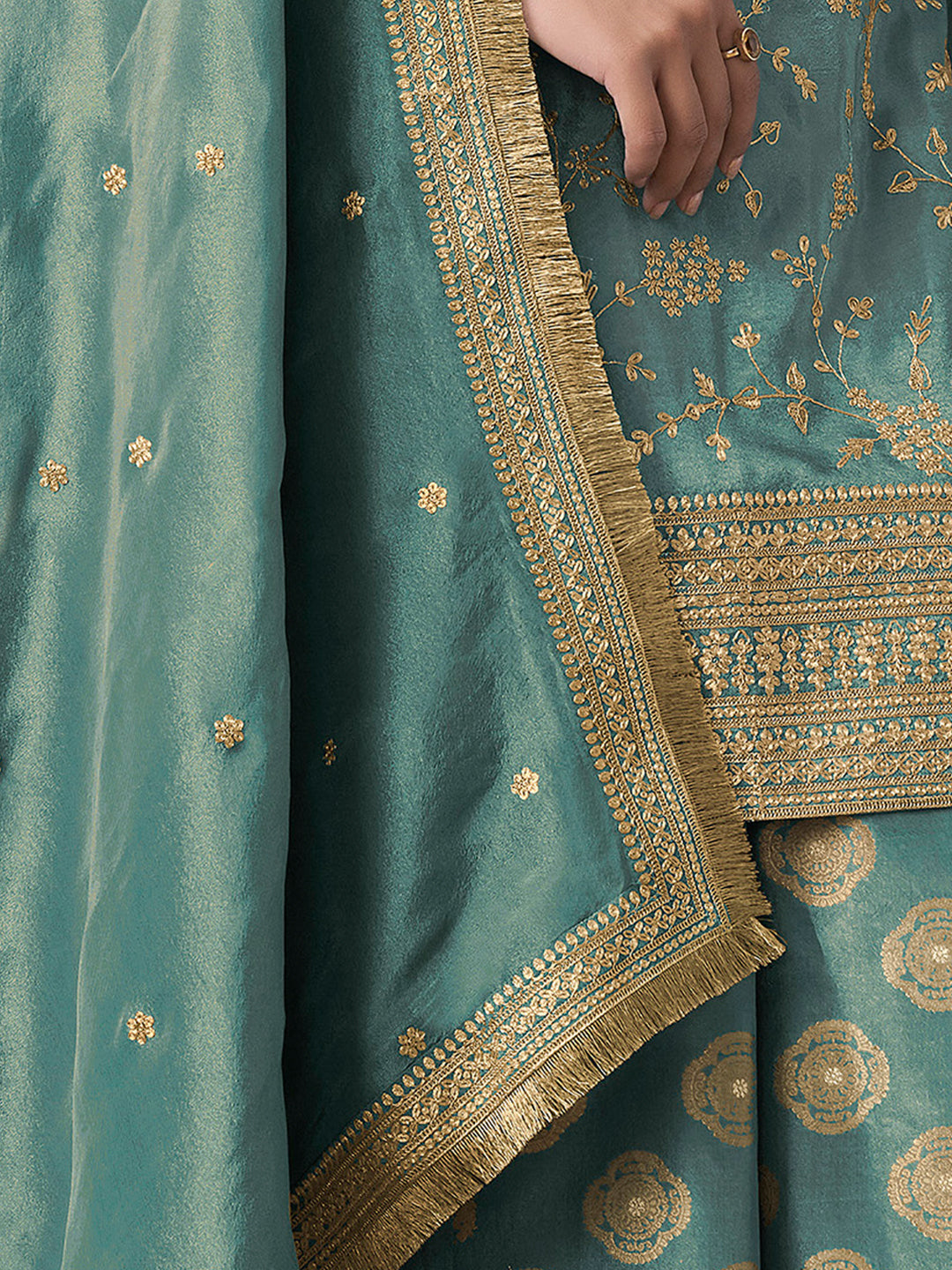 Pastel Green Tissue Sharara Suit with Pitta Work