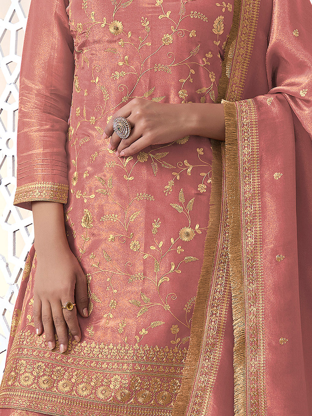Gold embroidered tissue sharara suit with fancy jhalar border