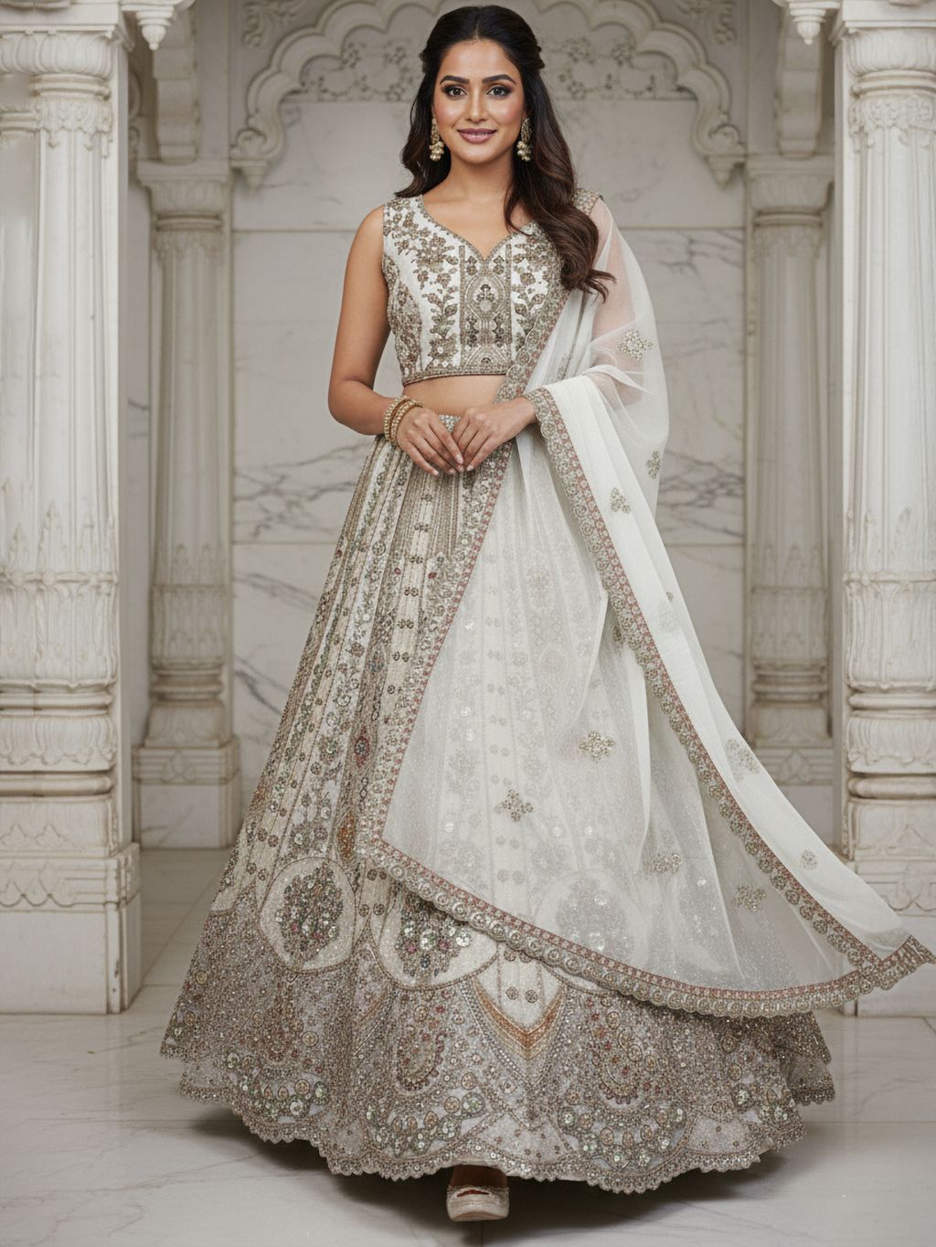 White Pure Soft Orgenza Sequins Work Bridal Lehenga Choli