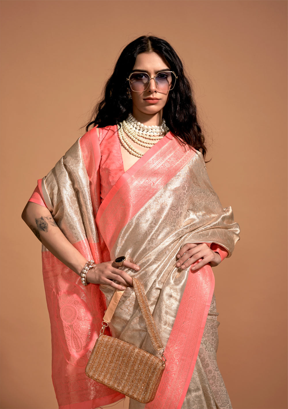 Pink and Cream Woven Kanjivaram Banarasi Silk Saree