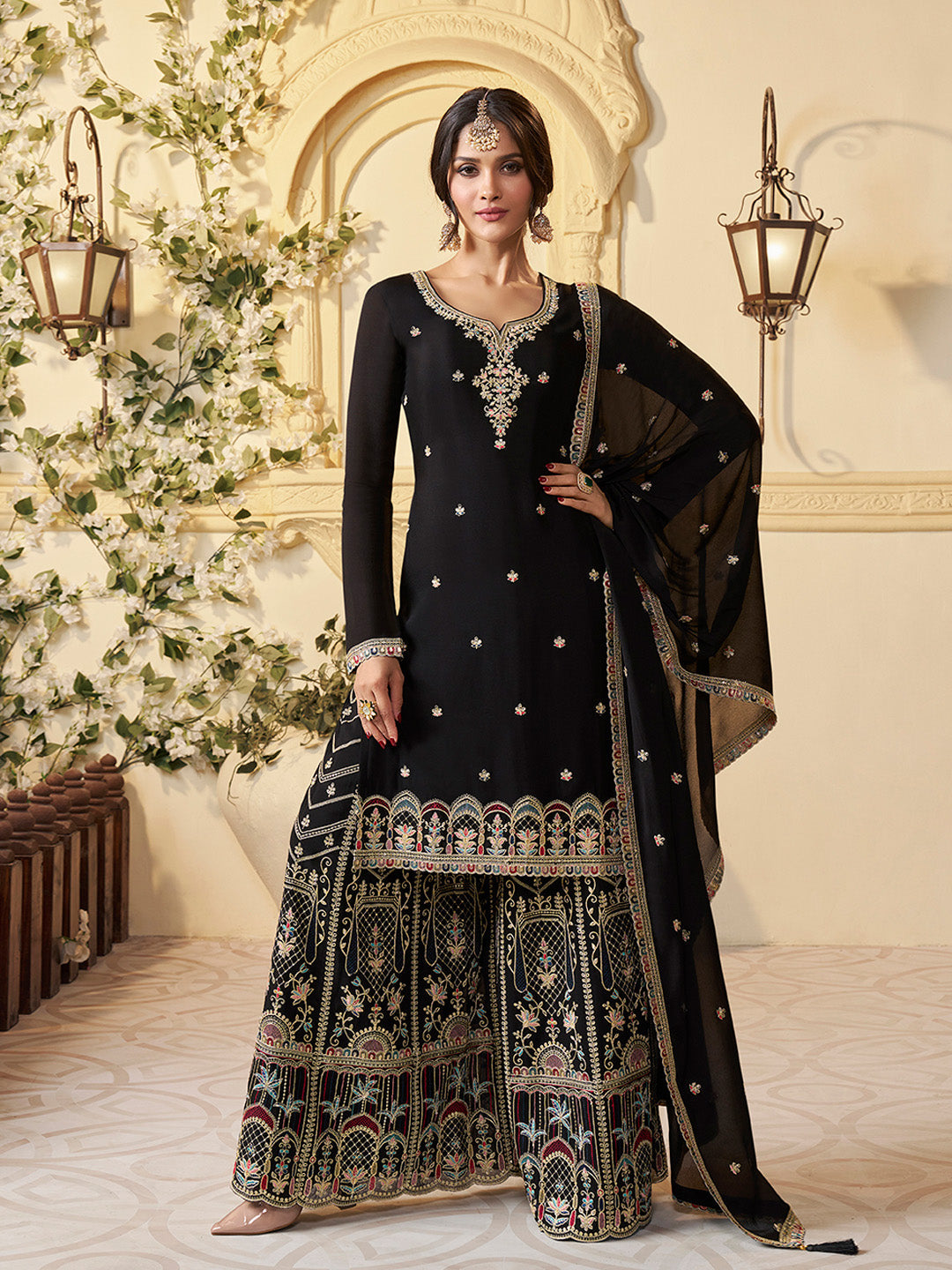 Black Chinon Sharara Suit with Multicolor Thread & Sequin Work