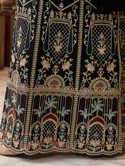 Festive black sharara suit with scalloped hem and multicolor detailing

