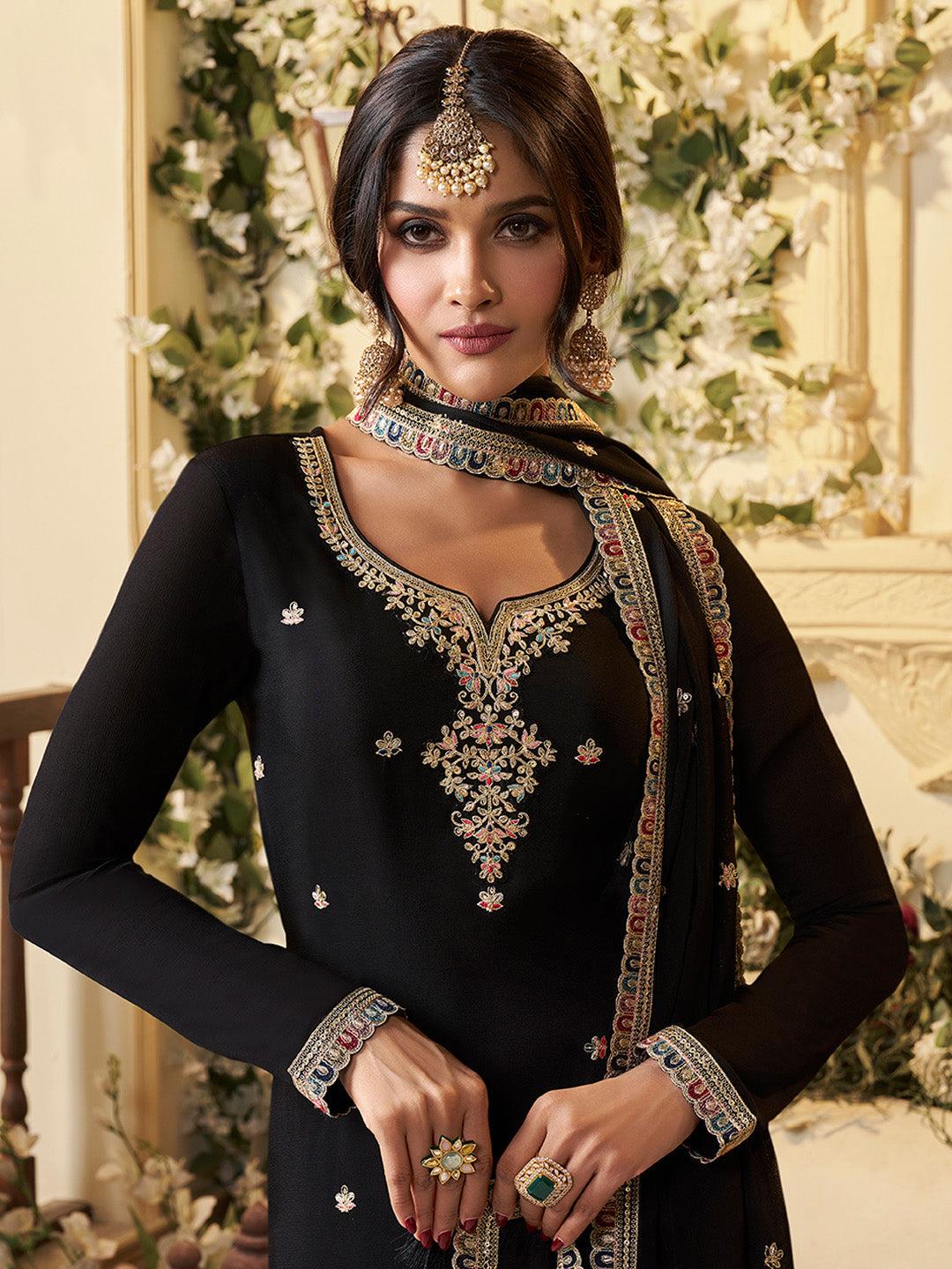 Black chinon sharara suit with multicolor thread and sequin embroidery

