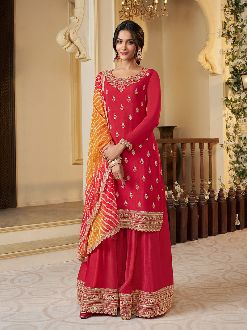 Red sharara suit set with Chinon fabric and sequin embroidery

