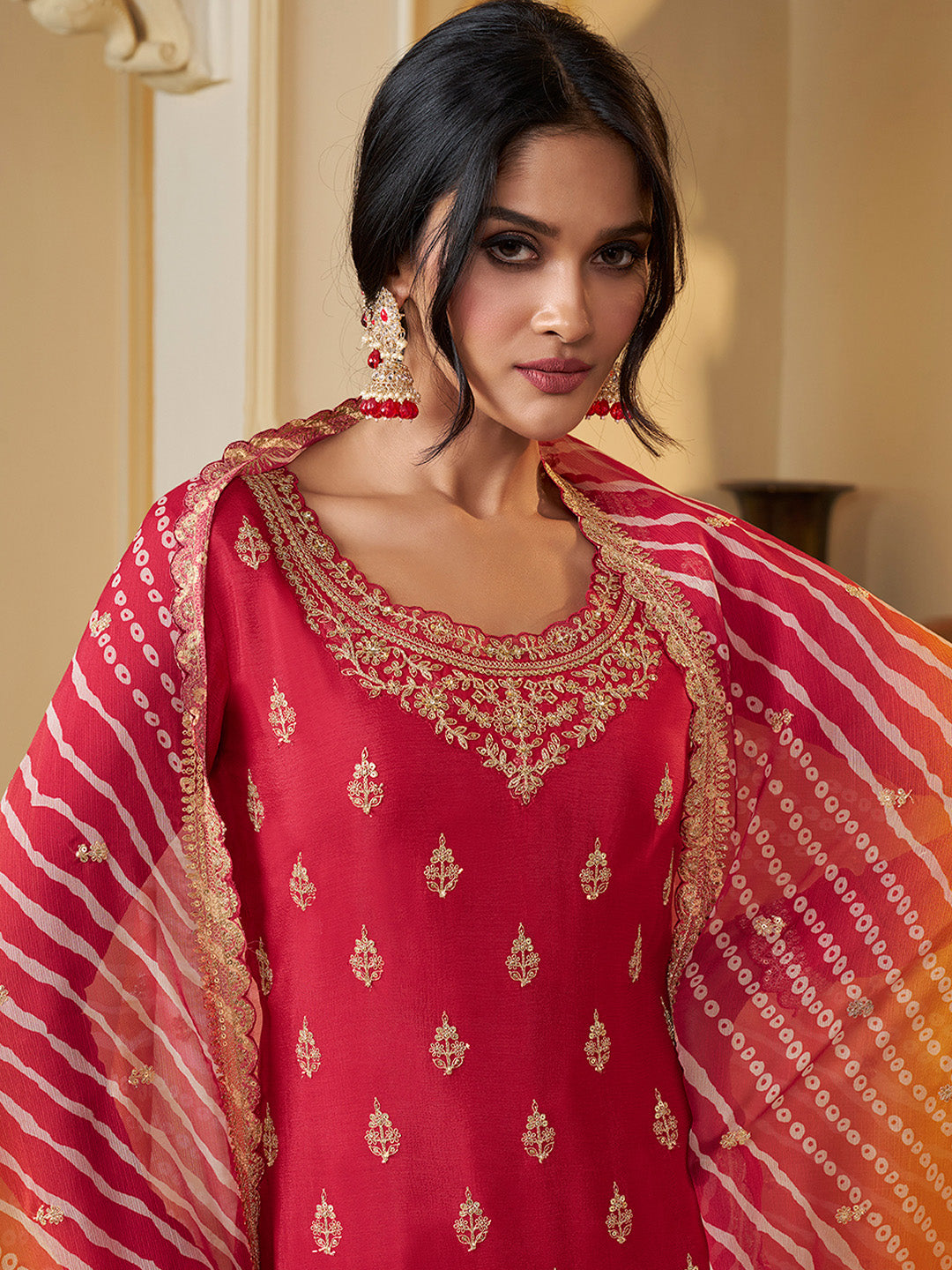 Red sharara suit set with Chinon fabric and sequin embroidery

