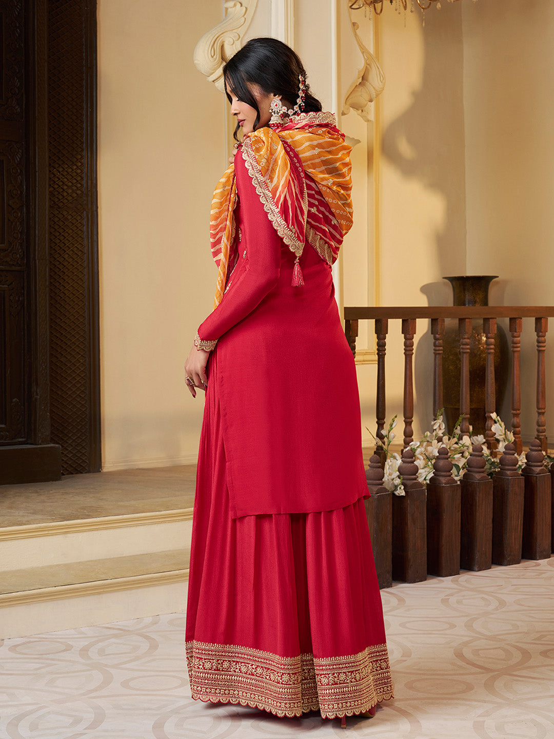 Red Chinon Sharara Suit Set with Heavy Sequins Embroidery