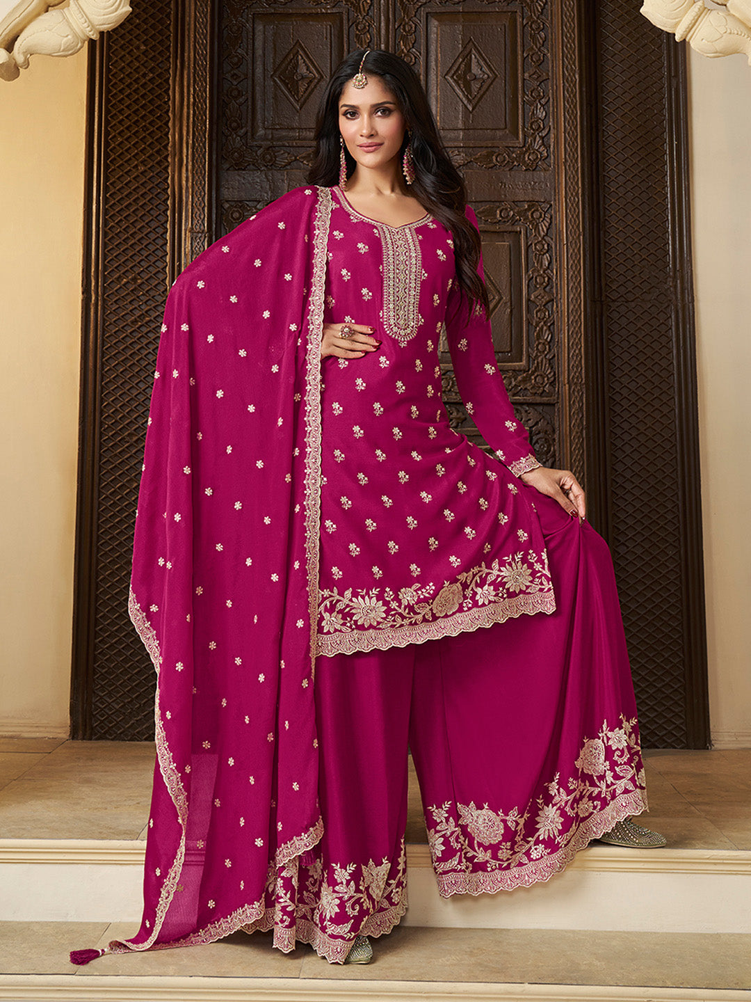 Embroidered festive wear sharara suit in pink

