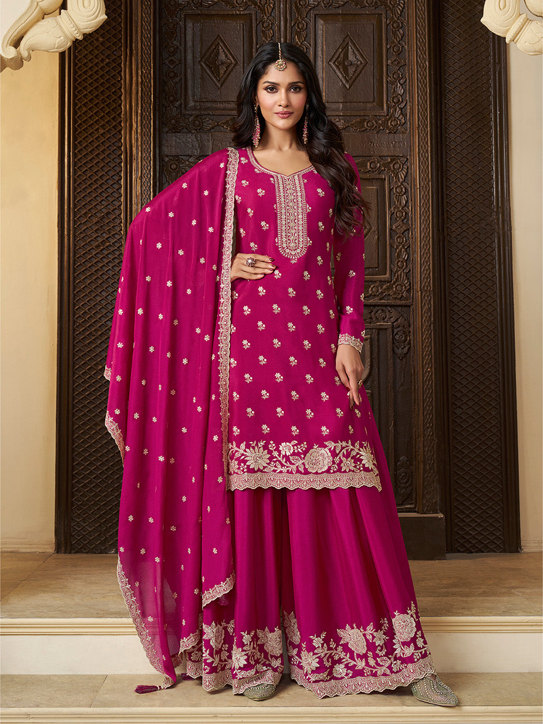 Rani pink sharara suit with white thread embroidery

