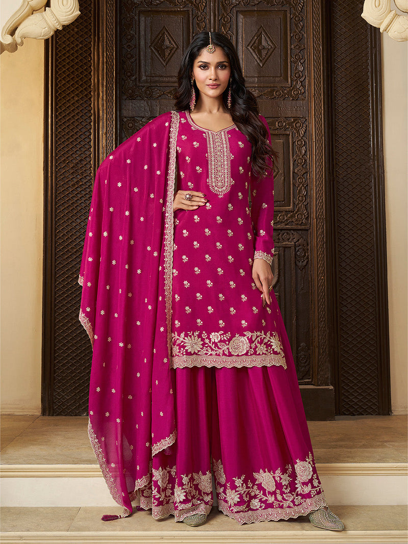 Rani pink sharara suit with white thread embroidery

