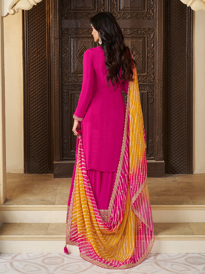 Rani Pink Chinon Sharara Suit Set with Sequins Embroidery
