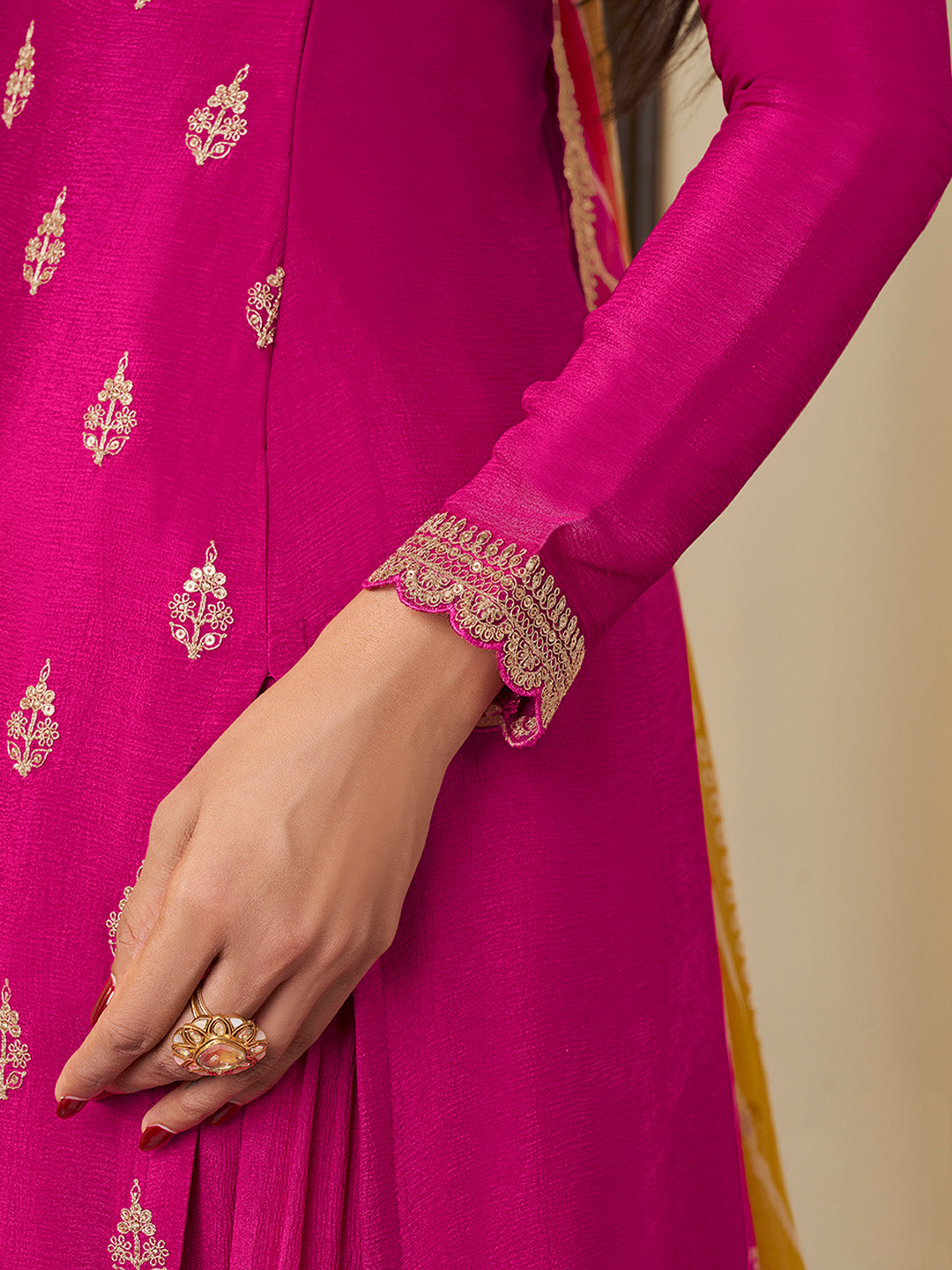 Traditional pink sharara suit with embroidered dupatta

