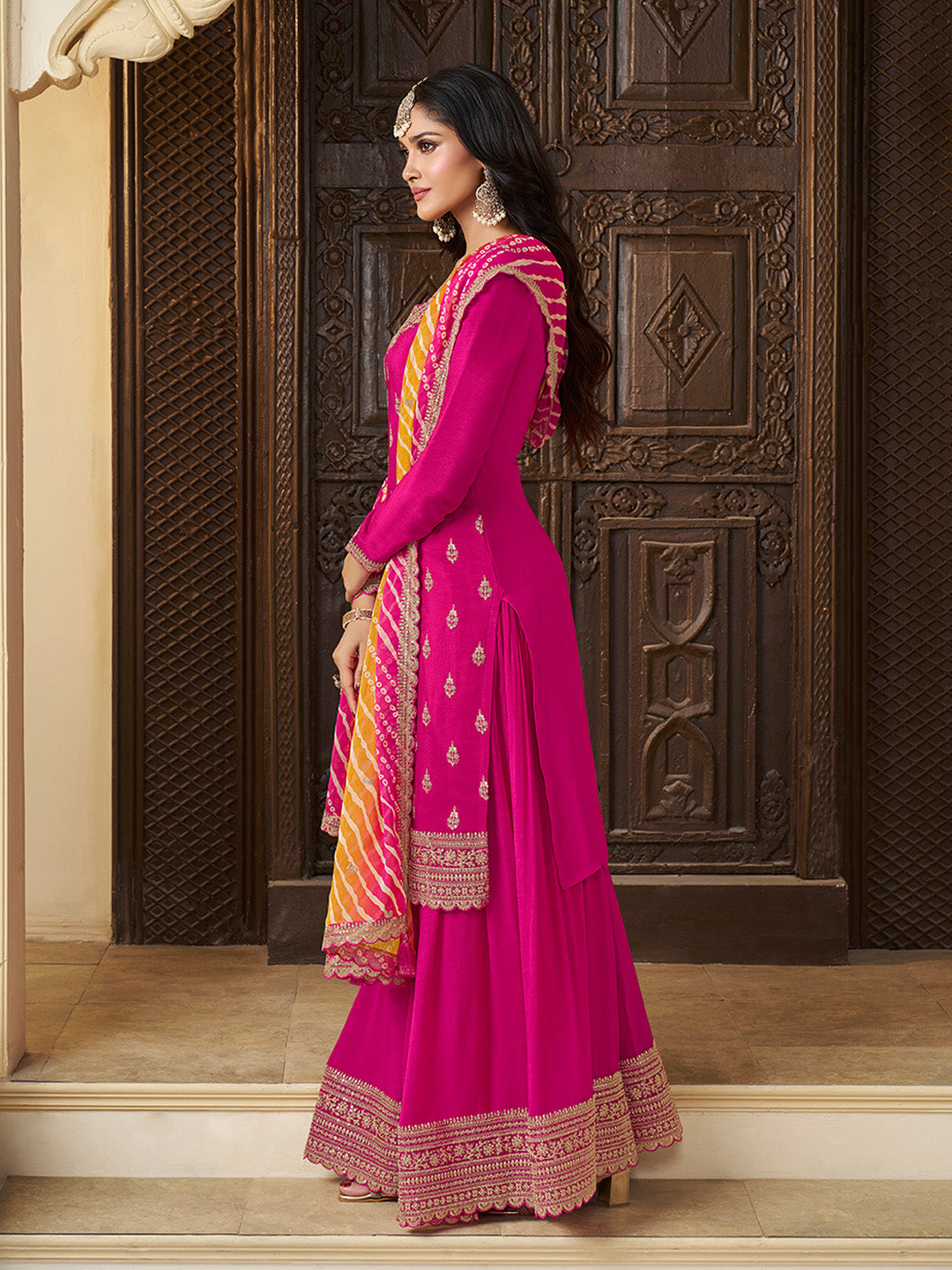 Wedding-ready Chinon sharara suit with digital print dupatta

