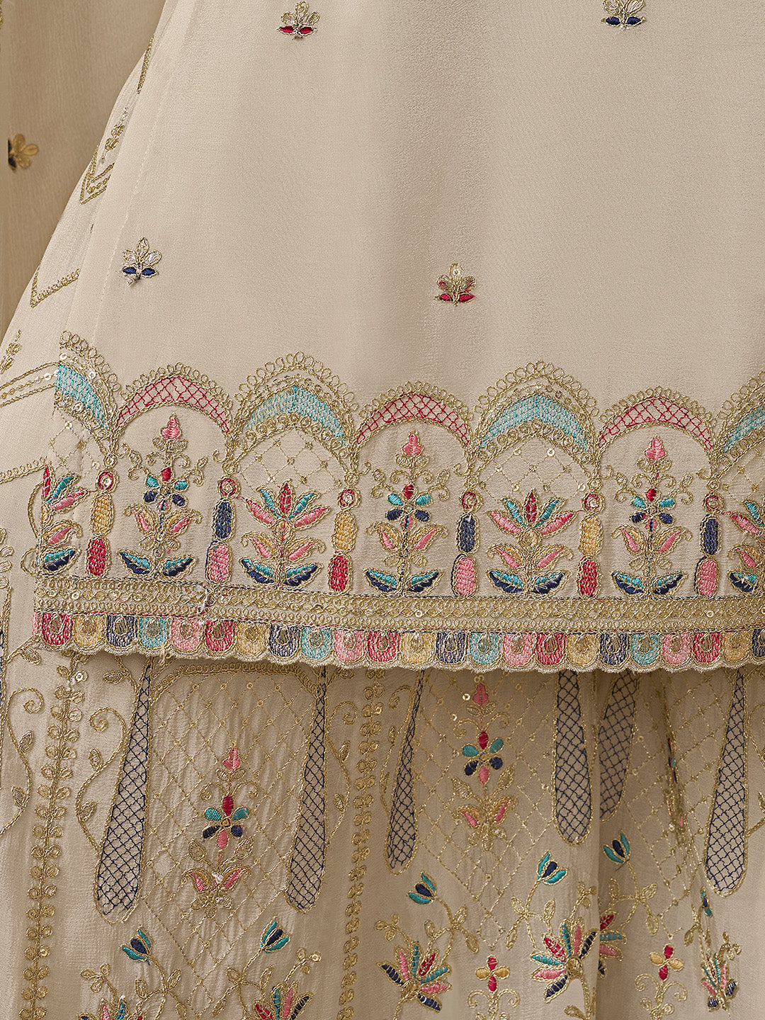 Cream Chinon Sharara Suit with Multicolor Thread & Sequin Work