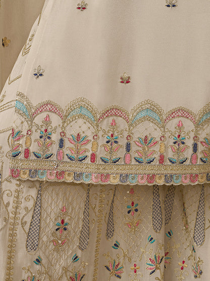 Cream Chinon Sharara Suit with Multicolor Thread &amp; Sequin Work