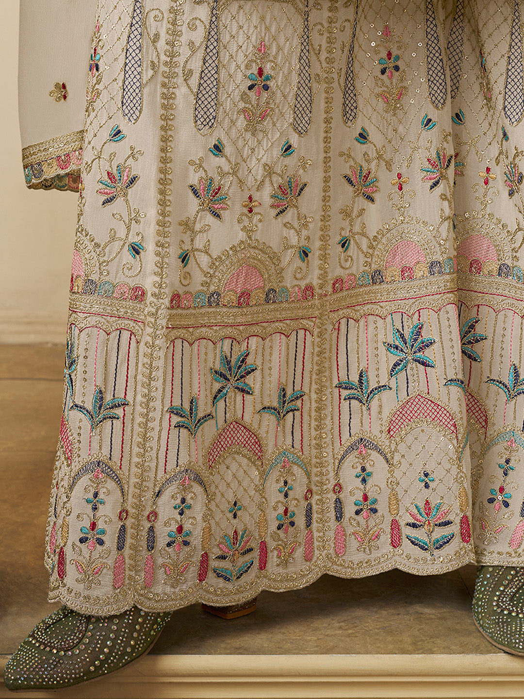 Cream Chinon Sharara Suit with Multicolor Thread & Sequin Work