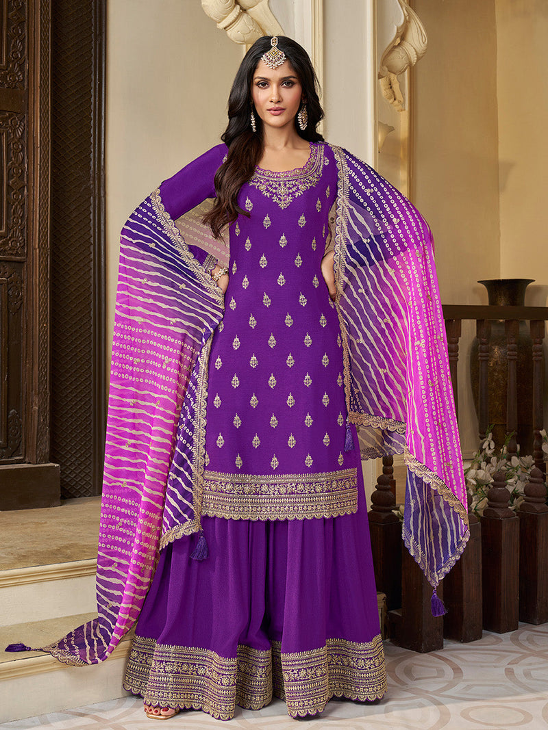 Purple Chinon sharara suit with Bandhej dupatta and sequin embroidery


