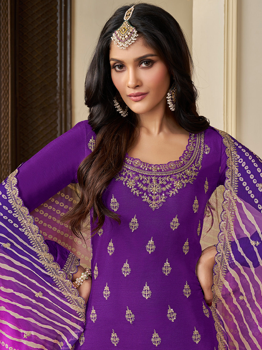 Purple Chinon sharara suit with Bandhej dupatta and sequin embroidery

