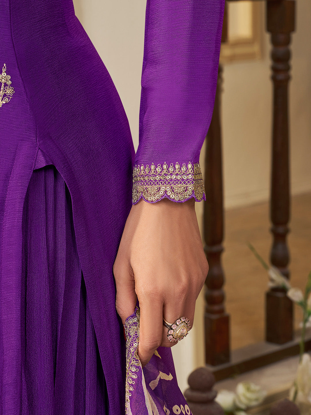 Festive purple ethnic outfit with Bandhej print chiffon dupatta


