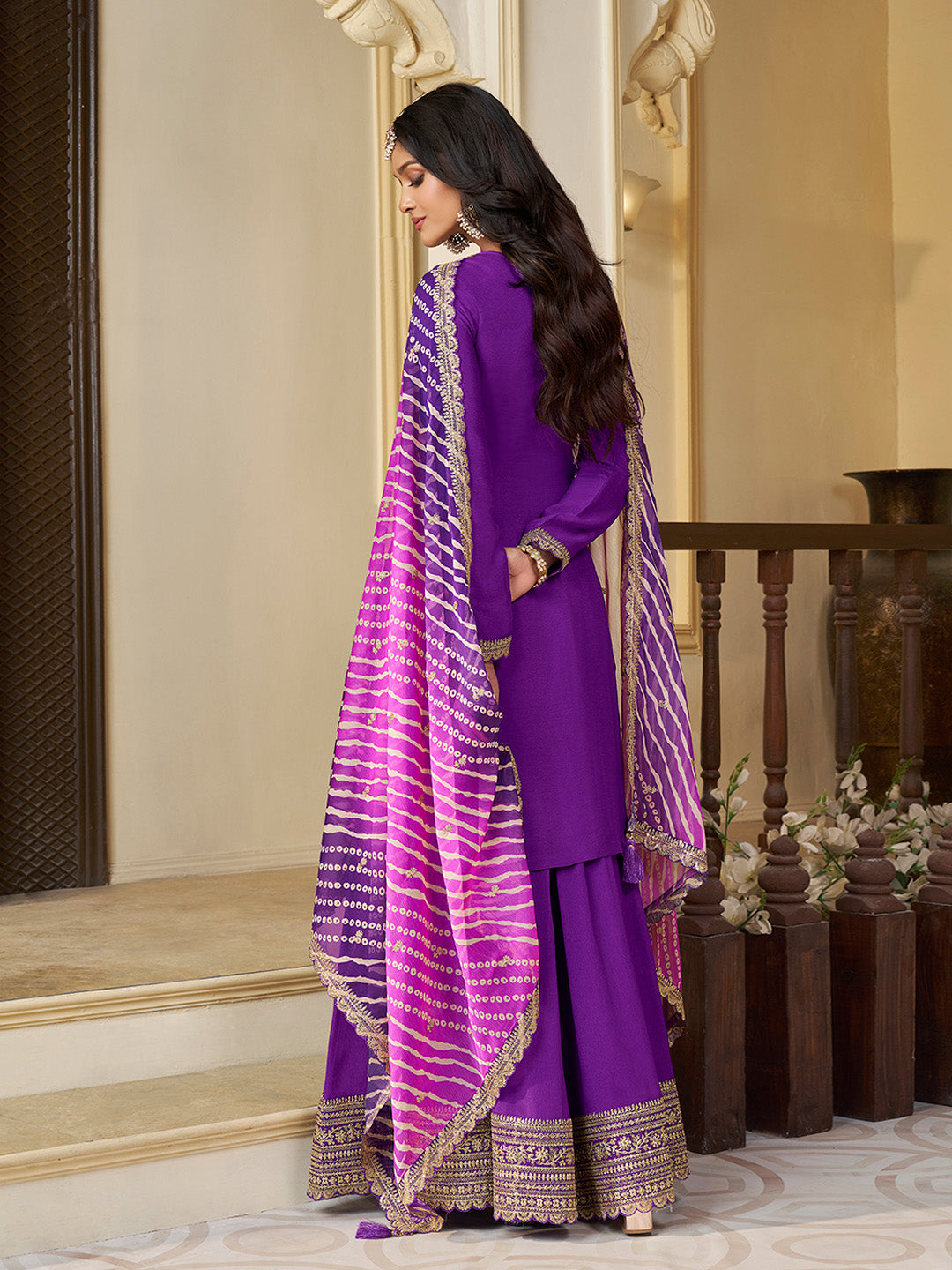 Purple Chinon Sharara Suit Set with Sequins Embroidery