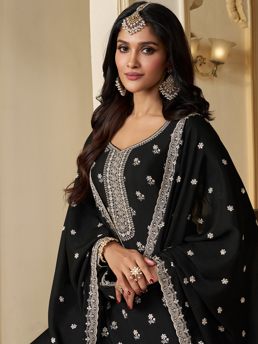Black Chinon sharara suit with white thread embroidery

