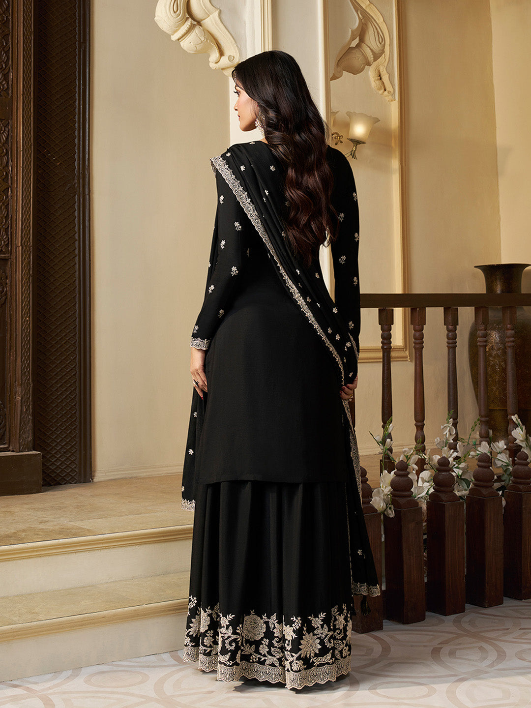 Black kurta sharara suit with sequin and thread work

