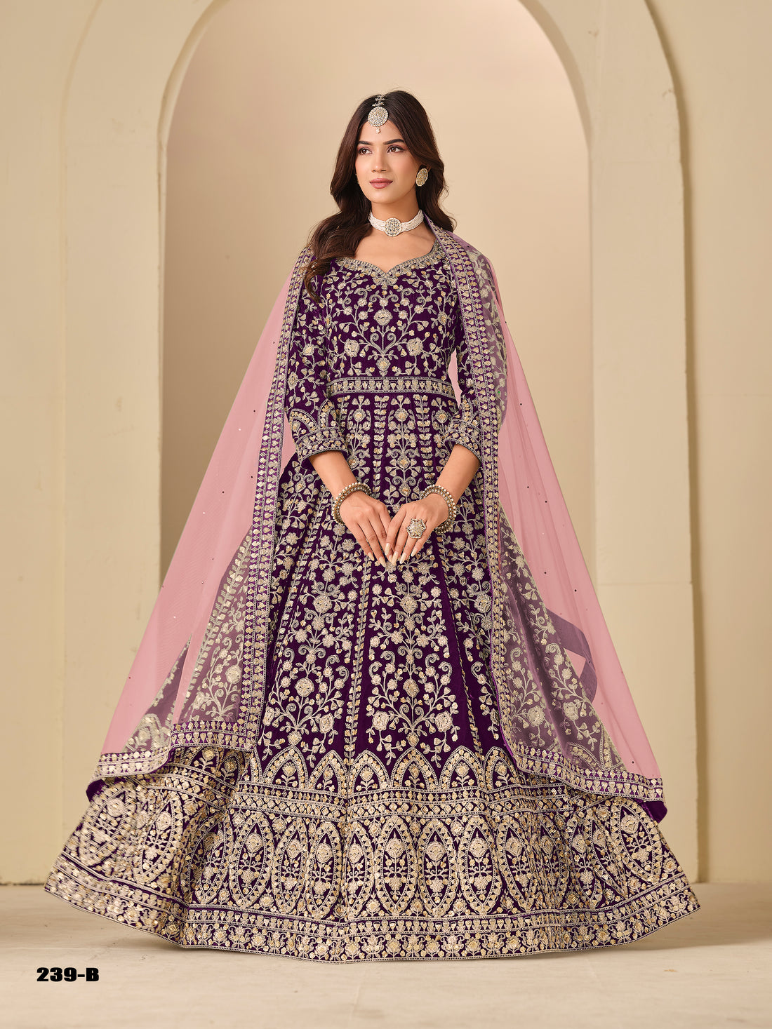 Purple Pure Soft 9000 Velvet Heavy Embroidery Work Long Anarkali Gown 