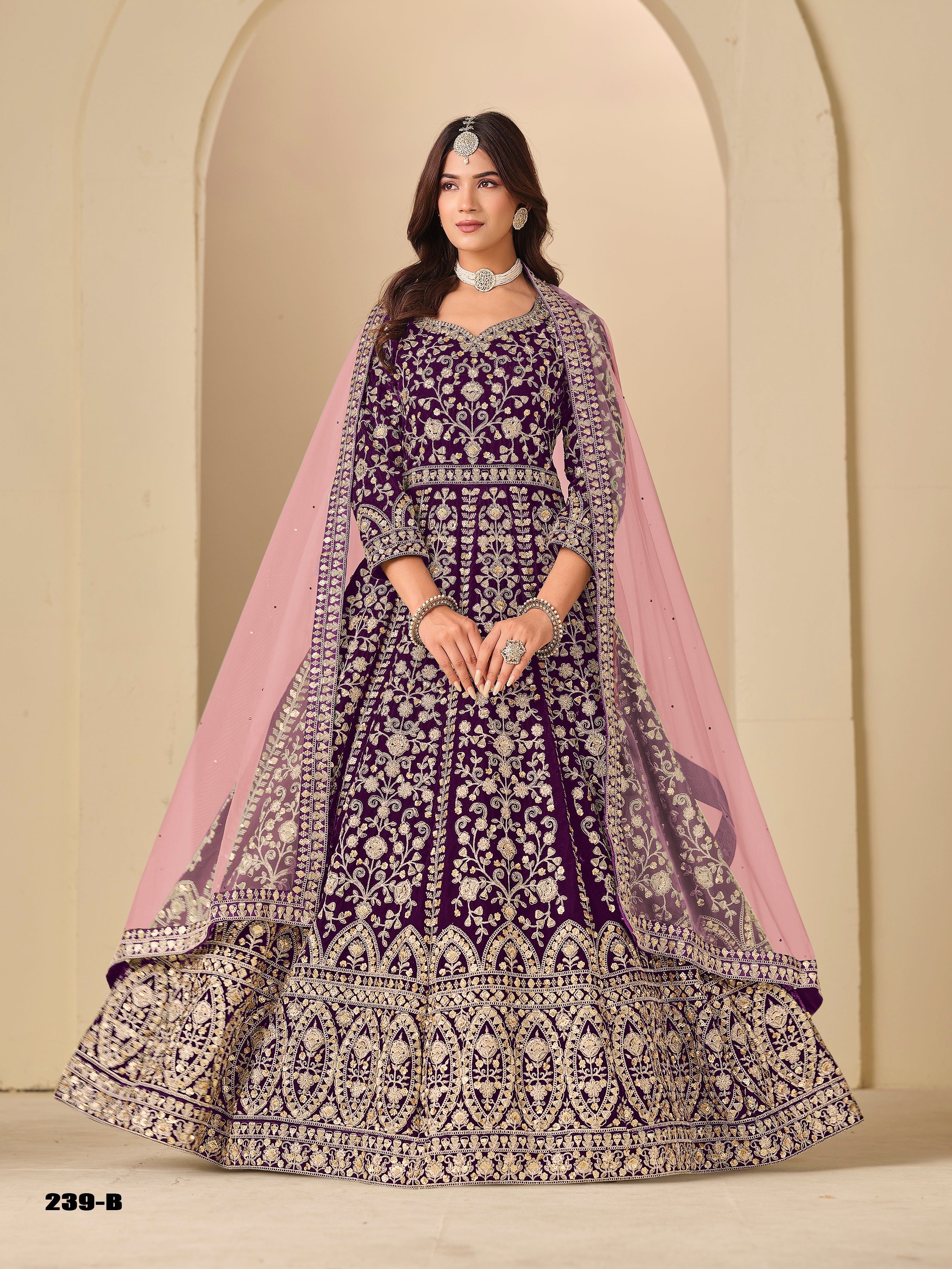Purple Pure Soft 9000 Velvet Heavy Embroidery Work Long Anarkali Gown ##color## Anarkali Gown with premium fabric and embroidery