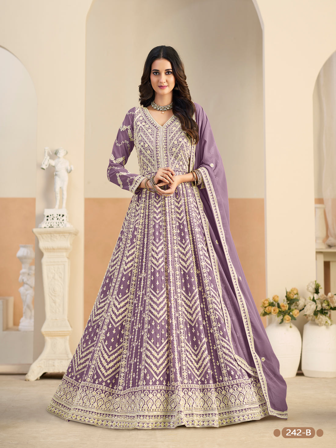 Pastle Purple Pure Soft Faux Georgette Heavy Embroidery Work Long Anarkali Gown 