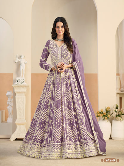 Pastle Purple Pure Soft Faux Georgette Heavy Embroidery Work Long Anarkali Gown 