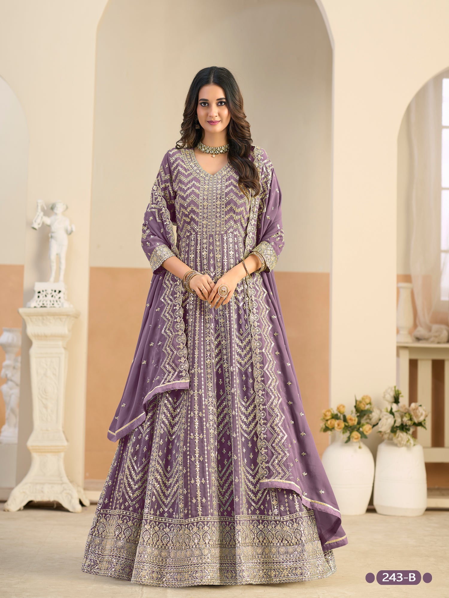 Pastle Purple Pure Soft Faux Georgette Heavy Embroidery Work Long Anarkali Gown 